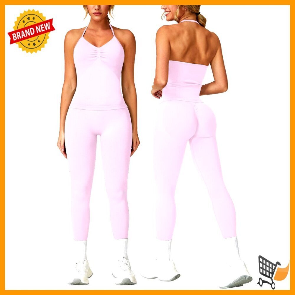 Seamless Workout Set High Waist Leggings Longline Strappy Top Gym Outfit